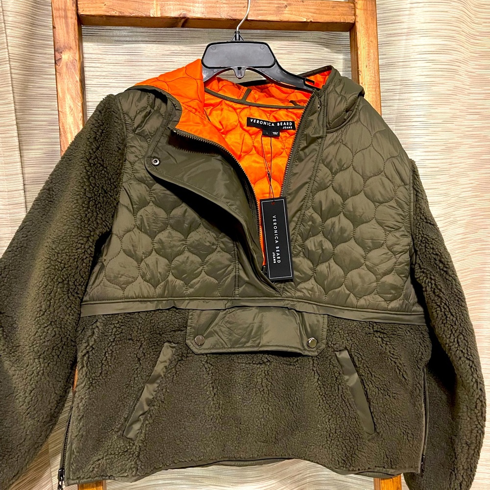 Veronica Beard Leo Sherpa Quilted Pullover in Army Green Large NEW